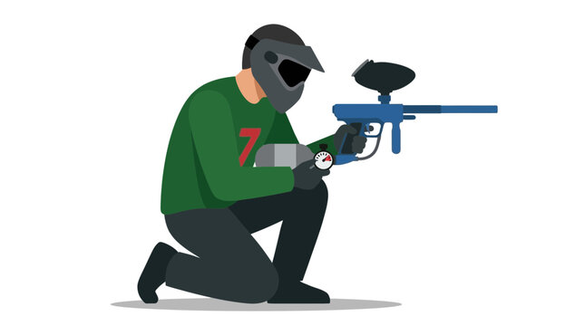 Paintball player vector kneeling and holding marker gun