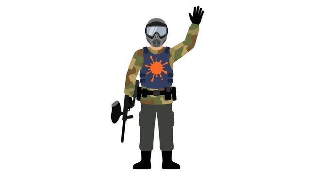 Paintball player in camo waving hand with marker paintball vector