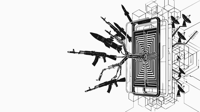 Cyber Warfare Concept with Digital Weapons and Missiles Emerging from a Smartphone Representing Information War and Hybrid Warfare in a Tech Style.