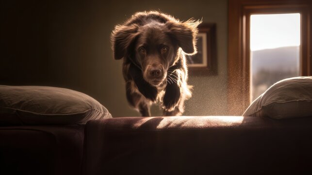 Dog jumping over couch indoors lit by sunlight