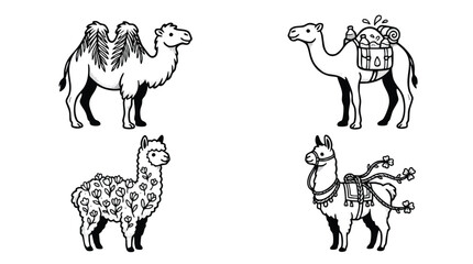Naklejka premium Camel and llama line art vector icon set