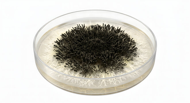 Realistic 3D Render of Aspergillus Mold Culture in a Petri Dish Isolated on White Background