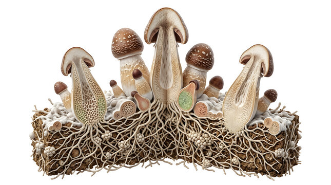 Scientific 3D Cross-Section Render of Mushroom Pin Stage and Mycelium Network Development