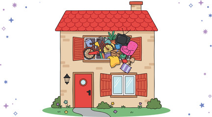 Cute cartoon house with colorful cluttered items and clothes bursting out of the top window vector illustration concept for spring cleaning or hoarding. © MstBizly