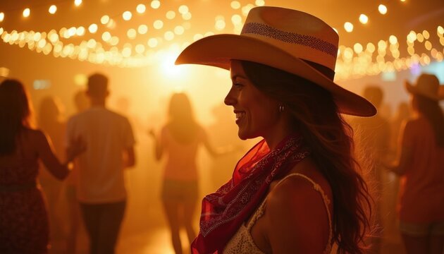 Young woman wearing cowboy hat, red scarf dances at night music party outdoors. Happy female smiling at country festival under string lights. People relax, enjoy social gathering with friends in