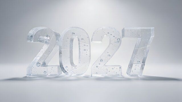 Three dimensional glass numbers representing the upcoming year 2027 on a clean white background.