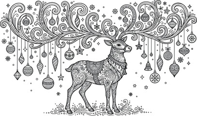 Detailed Christmas reindeer with ornate swirling antlers hanging holiday ornaments and baubles for winter celebration adult coloring page vector illustration © MstBizly