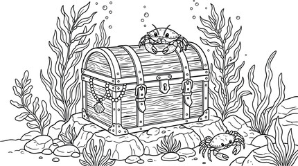 Detailed underwater treasure chest vector illustration surrounded by seaweed crabs and bubbles on ocean floor for kids and adults fantasy coloring page. © MstBizly