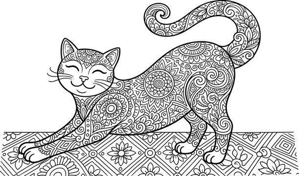 Detailed stretching cat standing on an ornate rug with intricate zentangle floral patterns for adult coloring page and animal themed design.