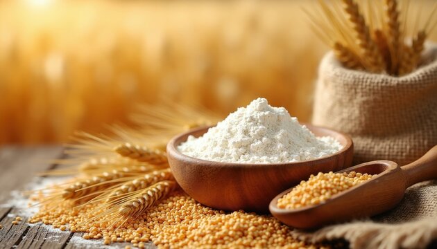 White flour sits in wooden bowl on rustic table. Golden wheat stalks, grain seeds lay around. Burlap sack contains unprocessed ears of cereal crop nearby. Concept of organic baking ingredients, raw