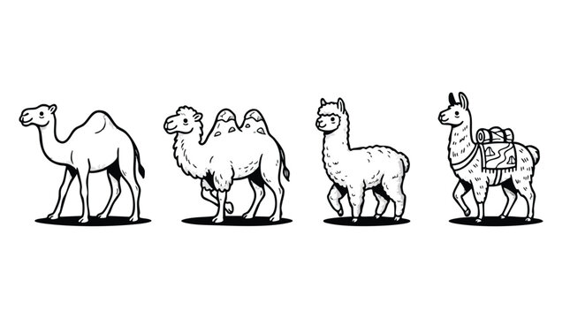 Camel and Llama Hand Drawn Vector Line Art Illustration Set