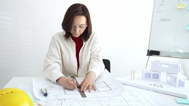 Architect working on new residential project using laptop, reviewing blueprints and drafting floor plans for modern building design with a 3d model on office desk