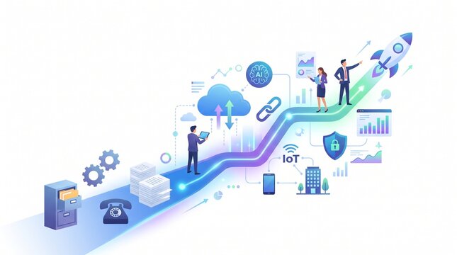 Illustrative depiction of a digital transformation journey, showcasing technological evolution, business growth, and strategic innovation with a rocket launch.