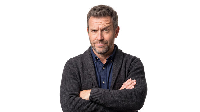 Skeptical Mature Man with Folded Arms and Questioning Facial Expression Isolated