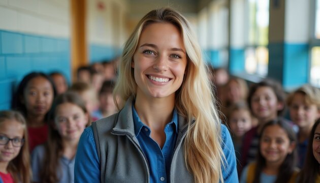 Female teacher stands with pupils in elementary school hallway. Young blonde woman instructor leads diverse group of children. Class prepare for emergency lockdown safety drill in modern educational