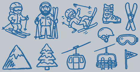 Fototapeta premium Collection of hand-drawn ski icons including skiers, mountains, ski lift, and equipment.