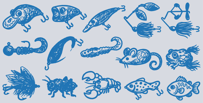 Collection of hand-drawn fishing lures in various shapes and forms, depicted in blue ink on a light gray background.