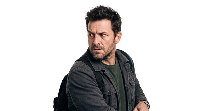 Suspicious Middle-aged Man with Backpack Looking Back Cautiously Isolated on Transparent Background