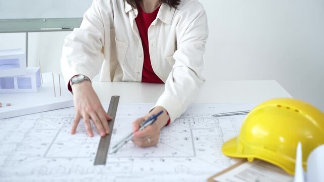 Woman architect drawing technical blueprint plans for a new house design. Developing innovative construction projects for modern residential building development