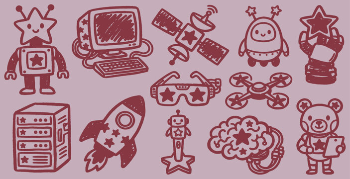 Collection of cute, hand-drawn icons representing technology and innovation, including robots, computers, and space exploration.