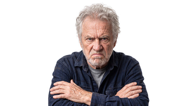Angry and Grumpy Senior Man with Crossed Arms and Stern Expression Isolated