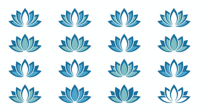 Symmetrical blue lotus flower blossom wellness icons.
