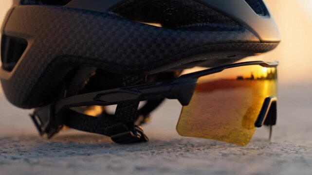 Cycling Helmet and Sunglasses with Golden Sunset Reflection