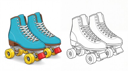 Fototapeta premium Pair of vibrant blue and white vintage style roller skates rendered clearly on transparent background