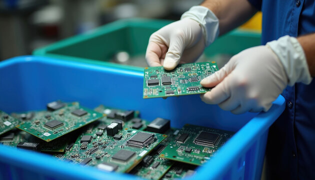 Worker in protective gloves sorts old electronics parts in blue plastic containers at recycling center. Technician inspects circuit boards during e-waste processing, recovery of computer components.