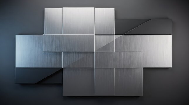 A modern abstract metal wall art composed of overlapping brushed steel rectangles in varying shades of gray and silver.