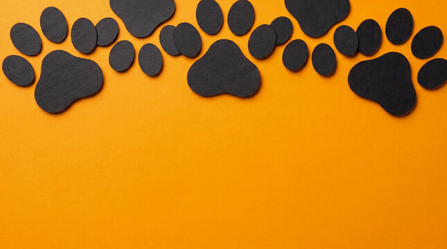 Halloween orange background with black paw print paper cut out top border, spooky copy space for pet Halloween invitation, greeting card, banner, poster and autumn seasonal design