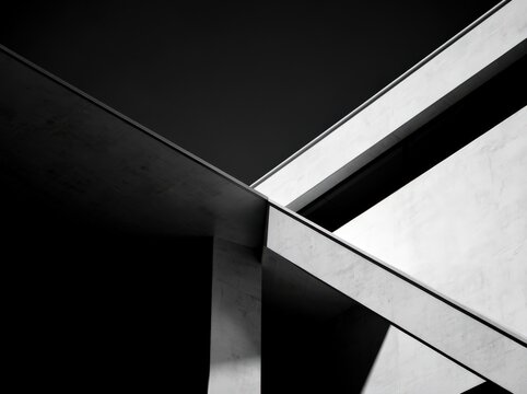 Abstract black and white photo capturing sharp geometric lines and intersecting concrete structures against a dark sky.