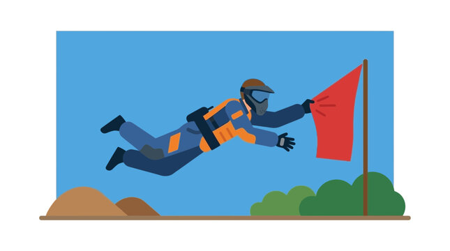 Paintball player diving to capture a flag in a paintball vector