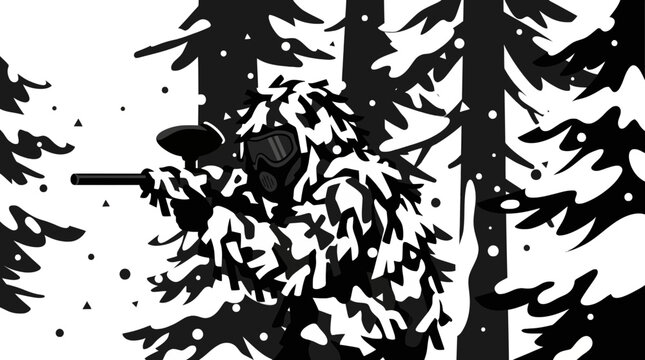 Paintball vector sniper in ghillie suit aiming in snowy winter forest