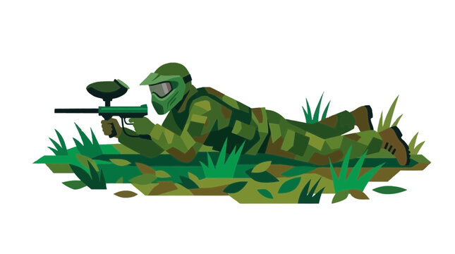 Paintball player lying prone in camouflage gear paintball vector