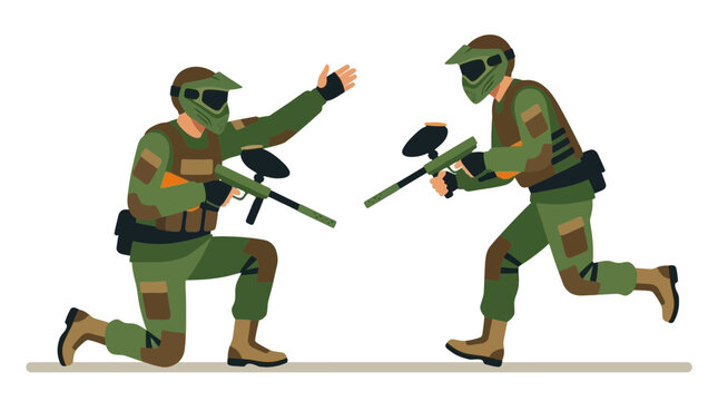 Paintball vector of players in action wearing tactical gear and masks