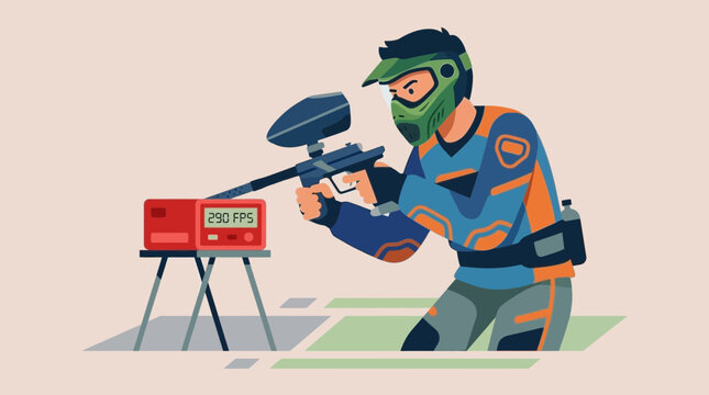 Paintball player testing marker speed with a chronograph paintball vector