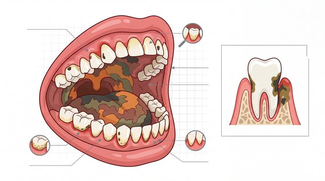Detailed medical illustration of decayed teeth and gums showing oral hygiene issues on transparent background