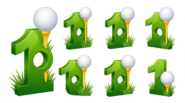 Three dimensional green number one icons featuring golf balls on tees on transparent background
