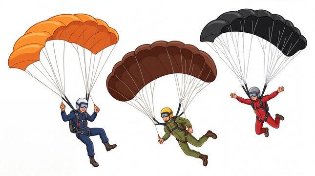 Three professional skydivers wearing colorful jumpsuits and parachutes floating down gracefully on transparent background