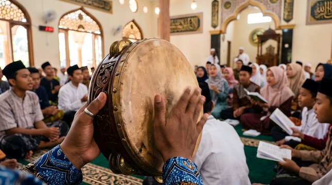 A Person Plays A Traditional Wooden Percussion Instrument During A Religious Gathering Inside A Local Prayer Hall Where People Are Sitting Together And Reading Holy Books During The Daily Worship