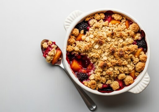 Top down shot of a delicious fruit crumble dessert in a white ceramic bowl, featuring golden toasted streusel topping on a plain surface, texture, fresh, meal