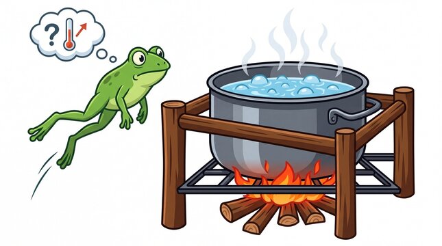 Green frog jumping away from a boiling pot of hot water displayed on transparent background