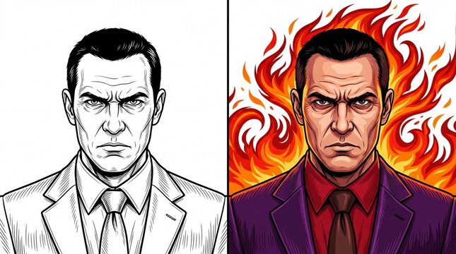 Serious businessman with intense facial expression and flaming hair portrait style on transparent background