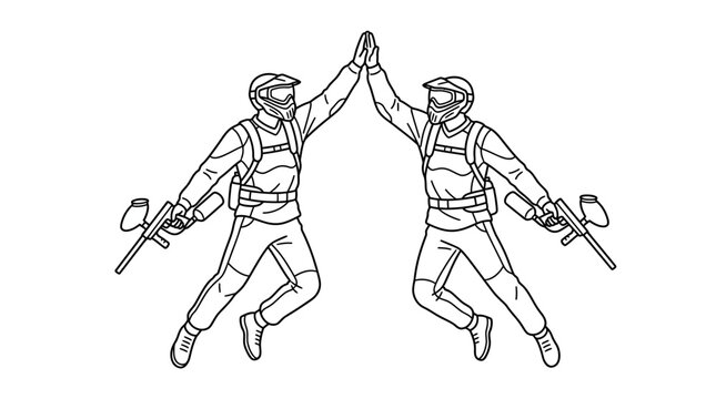 Paintball players celebrate victory with high five paintball vector