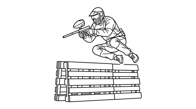 Paintball vector athlete jumping over wooden barricade while aiming