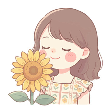 Smiling Girl Holding Yellow Sunflower Closeup.