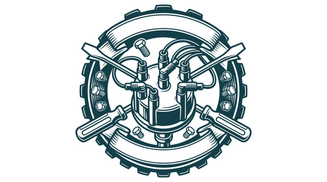 Monochrome automotive repair emblem featuring an engine distributor cap with wires, crossed screwdrivers, industrial gear, bolts, and blank banners for custom text on white background.