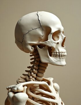 Human skeleton profile view, cracked skull, exposed vertebrae. Beige background, neutral colors. Anatomy model for medical or educational use.