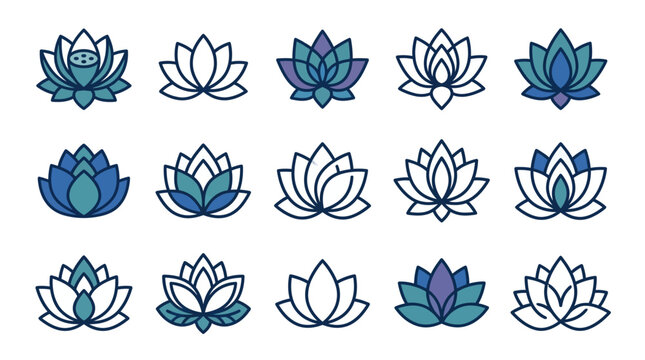 Blue lotus flower spiritual and wellness icons.